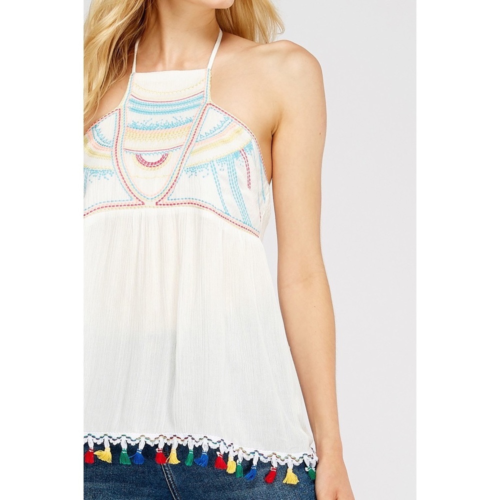 Tassel Hem Embroidered Detail Halter Top - Picture 6 of 8